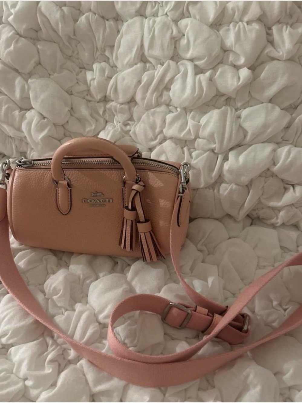 Coach Peach Pink Pebbled Leather Mini Satchel with Tassel